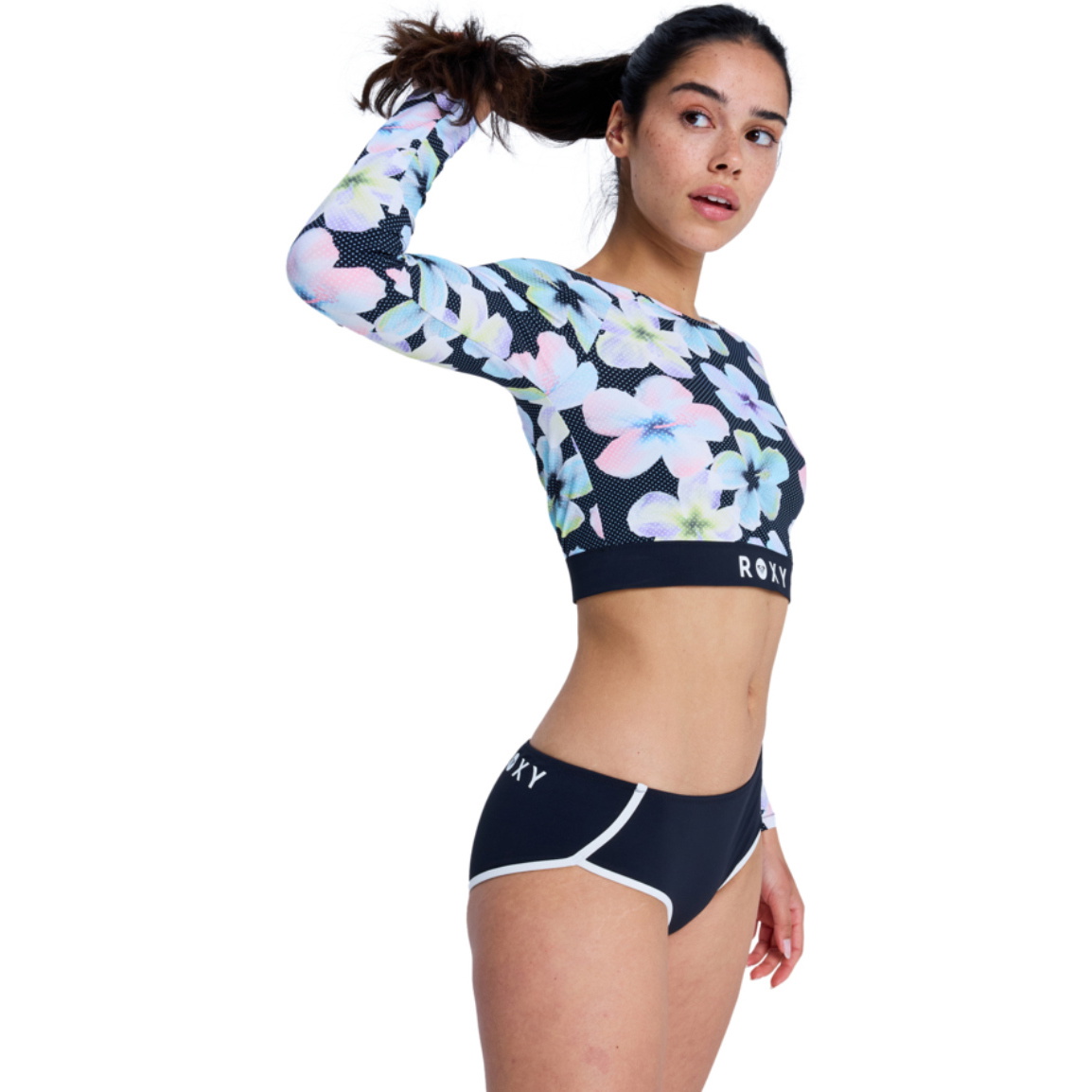 2026 Roxy Mujer Roxy Active Camiseta Corta De Manga Larga Con Chaleco De Licra ERJWR03926 - Anthracite Im Fleur Real